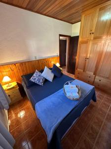 een slaapkamer met een blauw bed in een kamer bij Hospedagem Vó Rosa in Monte Verde