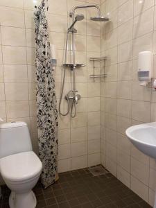 a bathroom with a shower and a toilet and a sink at Aquamarine Hotel - Lauluväljak in Tallinn