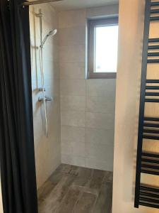 uma casa de banho com um chuveiro e uma porta de vidro em Pirtis su nakvyne dviem em Kaunas