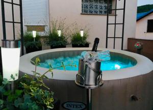 a hot tub in a backyard with a sink at Apartmani "Mimoza" in Otočac