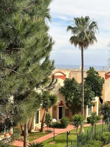 米哈斯科斯塔的住宿－Art-Apart Caronte in Riviera del Sol, Mijas Costa，棕榈树和大海背景的房子