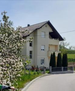 a house with a flowering tree in front of it at Apartman Bošnjak Ramsko jezero in Podbor