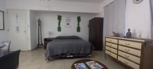 een slaapkamer met een bed en een dressoir met groene wijnranken aan de muur bij Hermoso y cómodo apartamento.- in Mendoza