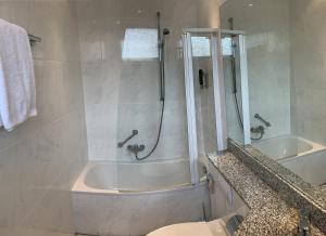 a bathroom with a shower and a tub and a toilet at Thuns Dorfkrug in Werdohl