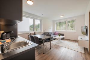 a kitchen and living room with a table and a couch at Apartment Eflin in Fulpmes