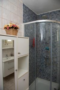 ein Bad mit einer Glasdusche und einem Waschbecken in der Unterkunft Apartment Fortuna - peacfull terrace in Klis