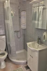 uma casa de banho com um chuveiro, um WC e um lavatório. em Apartmani ANITA em Omiš