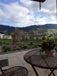 Urlaub in Alberschwende في البيرشوينده: طاولة مع إناء من الزهور على الفناء