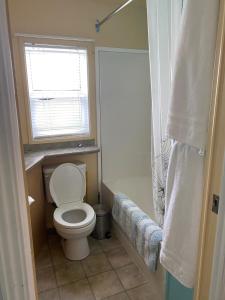 uma casa de banho com um WC, uma janela e um chuveiro em Beaver Lake Resort Site #36 em Lake Cowichan