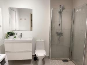 uma casa de banho com um chuveiro, um WC e um lavatório. em City Center Royal Pallace em Oslo