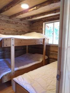 two bunk beds in a log cabin with a window at Cabaña Don Pepe, en Estancia Don Domingo in Curicó