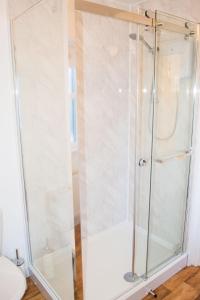 um chuveiro com uma porta de vidro na casa de banho em Rosary Road Apartment em Norwich