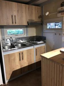 a kitchen with a sink and a stove at La foret des hérissons in Longessaigne