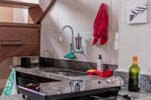 a kitchen sink with a red towel on the wall at Wabisabi Residence in Araxá +60 photos
