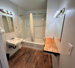 ein Bad mit einer Badewanne, einem Waschbecken und einer Dusche in der Unterkunft Myrtle Lane Inn in Coquille