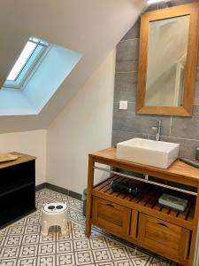 uma casa de banho com um lavatório e um espelho em Le gîte du four à pain em Noyers-sur-Cher