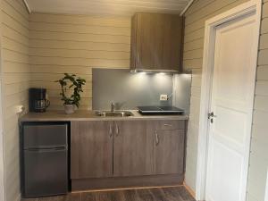 a small kitchen with a sink and a counter top at NAF Steinsnes Camping in Egersund