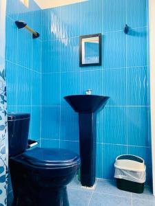 a blue bathroom with a toilet and a sink at Apartment for 8, near to the beache and downtown in Cartagena de Indias