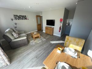 a living room with a couch and a television at Crich Lane Farm in Alfreton