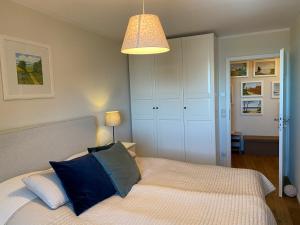 巴特的住宿－Residenz Darssblick，一间卧室配有一张带蓝色枕头和一盏灯的床。