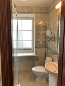 a bathroom with a toilet and a sink at Bed&Blues in Vilnius +35 photos
