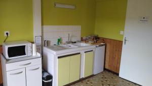 a small kitchen with a sink and a microwave at Le Havre du Corbeau in Saint-Pierre-du-Chemin