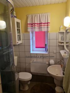 a bathroom with a sink and a toilet and a window at Domek letniskowy w Szkotowie in Szkotowo