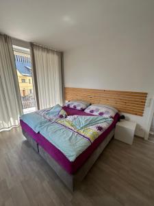 a bedroom with a large bed and a large window at Máchovo jezero apartmán J&J in Doksy