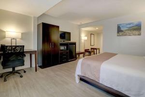 a hotel room with a bed and a desk and a television at Quality Inn & Suites in Lincoln +30 photos