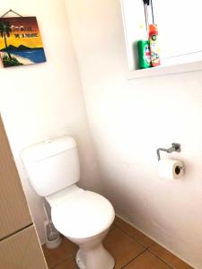 a bathroom with a toilet and a picture on the wall at Avarua Escape, Rarotonga in Avarua