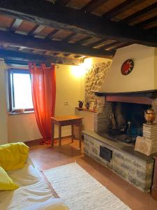 uma sala de estar com uma lareira e uma mesa em Casa Faini em Sorano