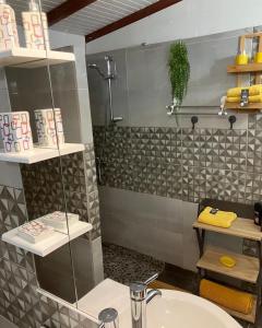 a bathroom with a sink and a shower at Tilys lodge in Capesterre-Belle-Eau