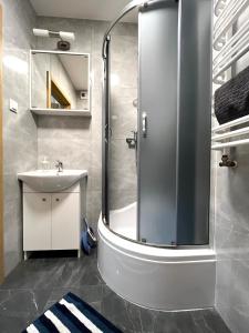 a bathroom with a shower and a sink at Downtown Apartment in Krakow
