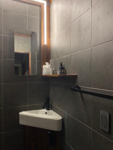 La salle de bains est pourvue d'un lavabo et d'un miroir. dans l'établissement Viva La Vida - Seochon Private Apartment, à Séoul