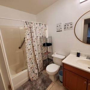 a bathroom with a toilet and a shower and a sink at Amazing palm villa house in Riverside