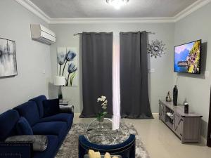 un salon avec un canapé bleu et une télévision dans l'établissement Entire Apartment with Pool near AC Marriott Hotel in Kingston, à Kingston