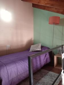 Un dormitorio con una cama con sábanas moradas y una lámpara. en Hermoso y centrico depto con vista a los cerros en Belén