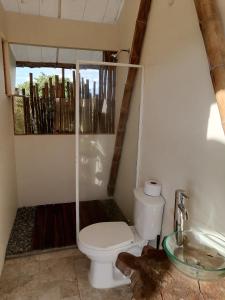 a bathroom with a toilet and a glass sink at Glamping Orosierra in Chinchiná