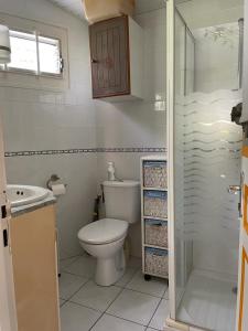 a small bathroom with a toilet and a shower at Bungalow Belfond Plage Pointe Marin in Sainte-Anne