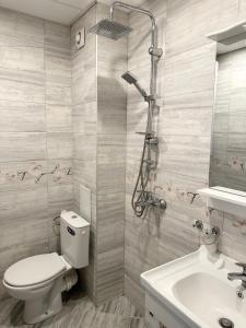 a bathroom with a toilet and a shower and a sink at Budget Luxury Apartment - Absolutely New Building! in Ruse
