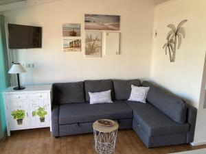 uma sala de estar com um sofá e uma televisão em Marina 2 , appartement vue mer exceptionnelle em Saint-Cyprien