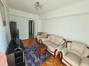 een woonkamer met banken en een flatscreen-tv bij Central Apartment Targu Mures - Best view in town in Târgu-Mureş
