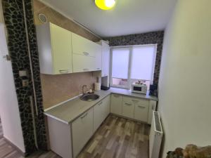 een kleine keuken met een wastafel en een raam bij Central Apartment Targu Mures - Best view in town in Târgu-Mureş