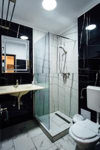 La salle de bains est pourvue d'une douche, d'un lavabo et de toilettes. dans l'établissement Hotel & MedSpa Siret, à Mamaia