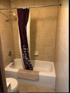 uma casa de banho com uma banheira, um WC e uma cortina de chuveiro. em Love Hotels Western Holiday at Harlan Lake NE em Alma