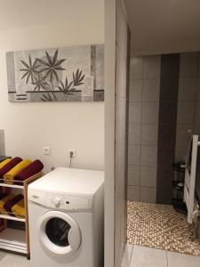 eine Waschmaschine und einen Trockner in einem Zimmer mit Bad in der Unterkunft Chemin du Grand Pré in Gripport
