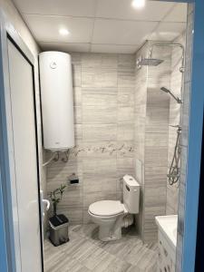 a small bathroom with a toilet and a shower at Budget Luxury Apartment - Absolutely New Building! in Ruse