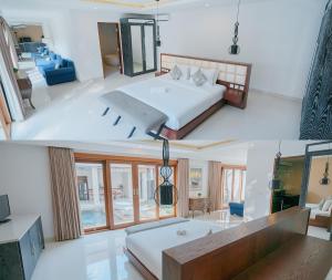 ロビナにあるOdika Lovina Villasのベッドルーム1室(ベッド1台付)とリビングルームの写真2枚