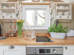 una cocina con una barra con flores y plantas en Sybs Farm Shepherds Hut, en Fernhurst