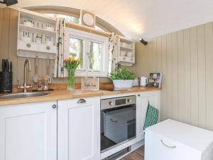 una cocina con armarios blancos y fregadero en Sybs Farm Shepherds Hut, en Fernhurst